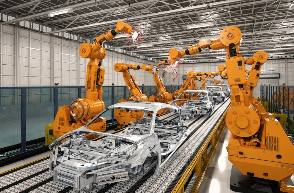 3d rendering robot assembly line in car factory