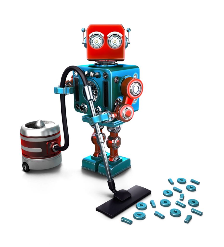 Concept of a Robot that vacuums digits on the floor. 3D illustration. Isolated. Contains clipping path