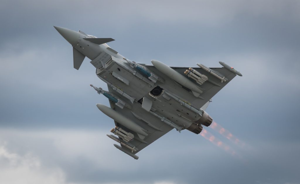 HAMPSHIRE, UK - JULY, 2016: The Eurofighter "Typhoon" with full afterburners . July 16, 2016 Hampshire, England