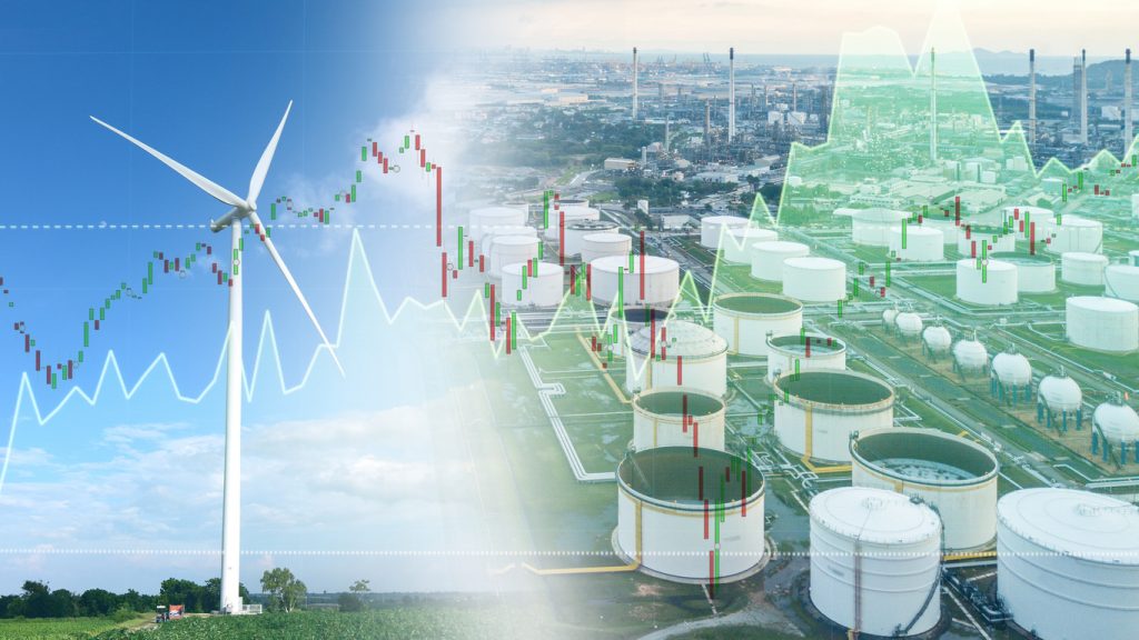 double exposure wind turbine and oil refinery investment stock graph concept.