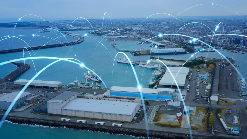 The internet of things visual imagery. Interconnected buildings joined by a cyber network