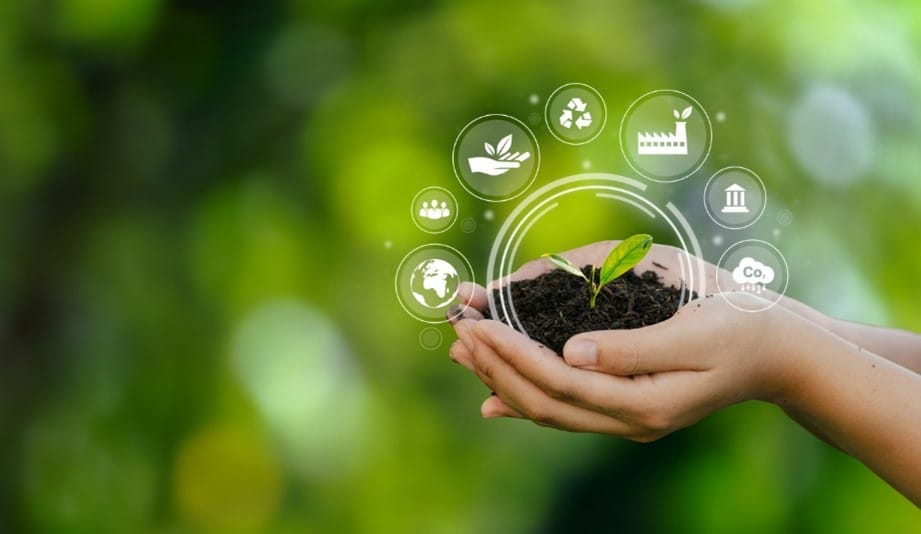 Hands holding mud and a plant with energy saving symbols surrounding it