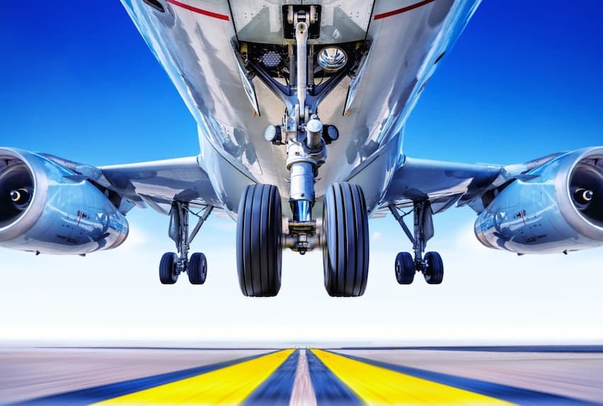 The front of a plane landing gear