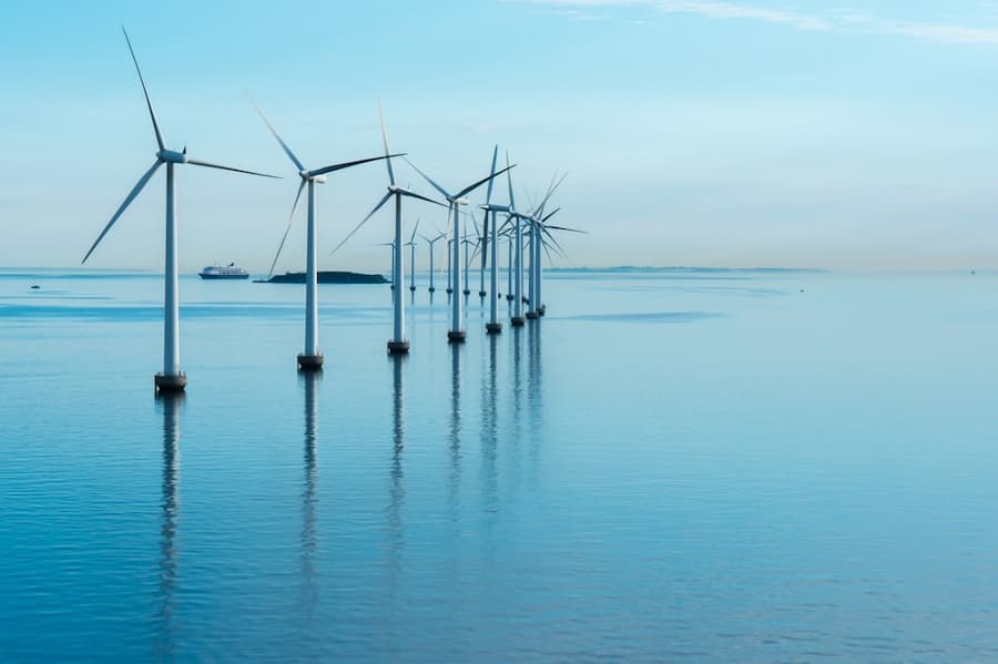 A row of wind turbines in the water