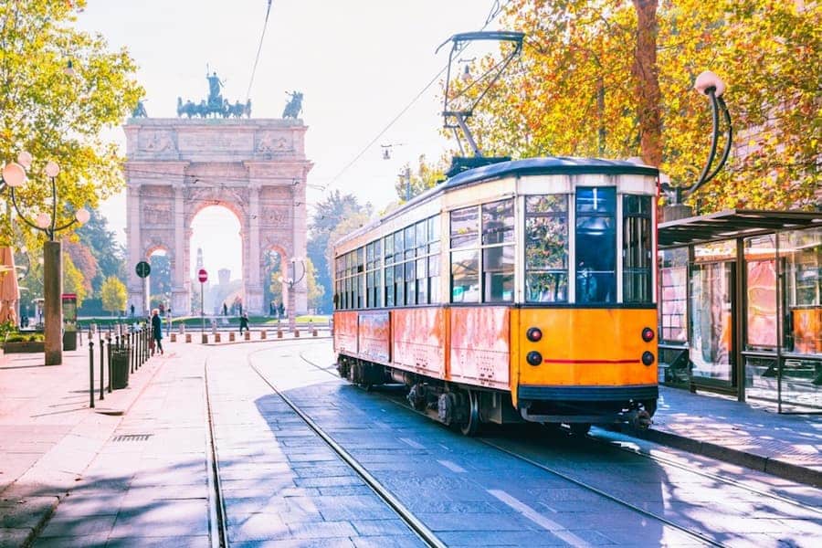 A tram on the road in Milan