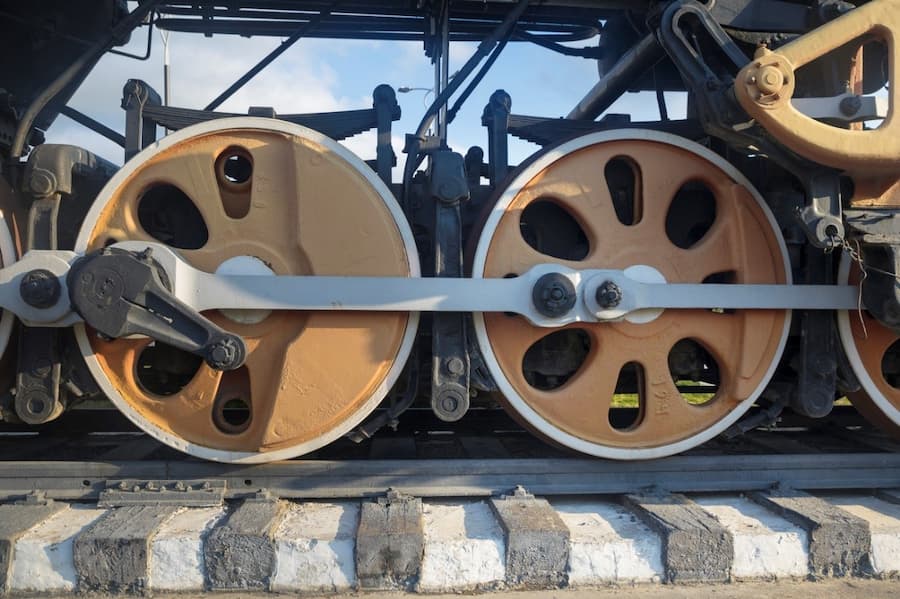 A close-up of a train wheels