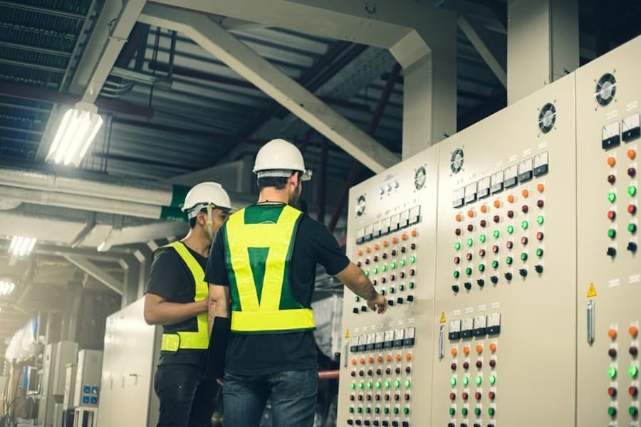 Men wearing safety vests and helmets standing next to a large panel