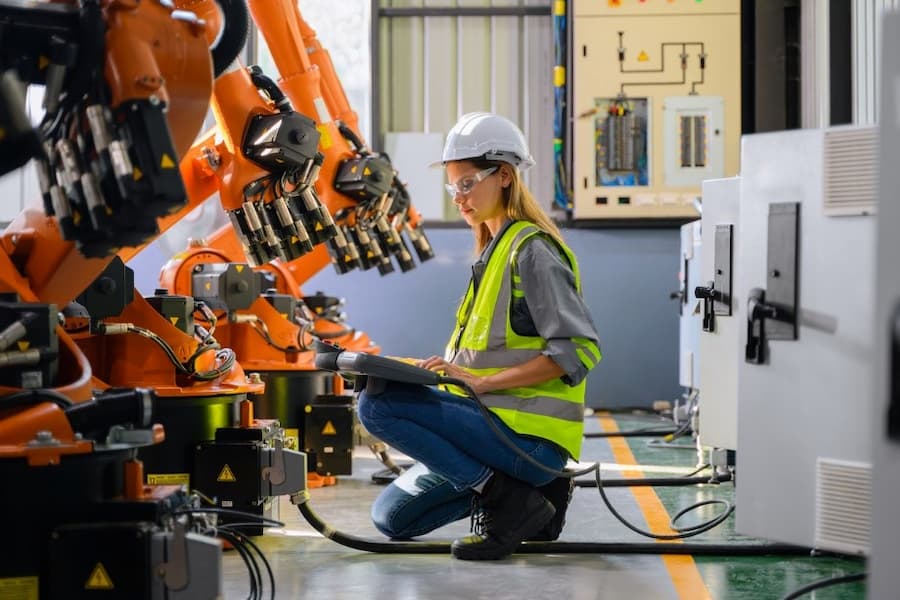 A person in a safety vest and white helmet working on a machine